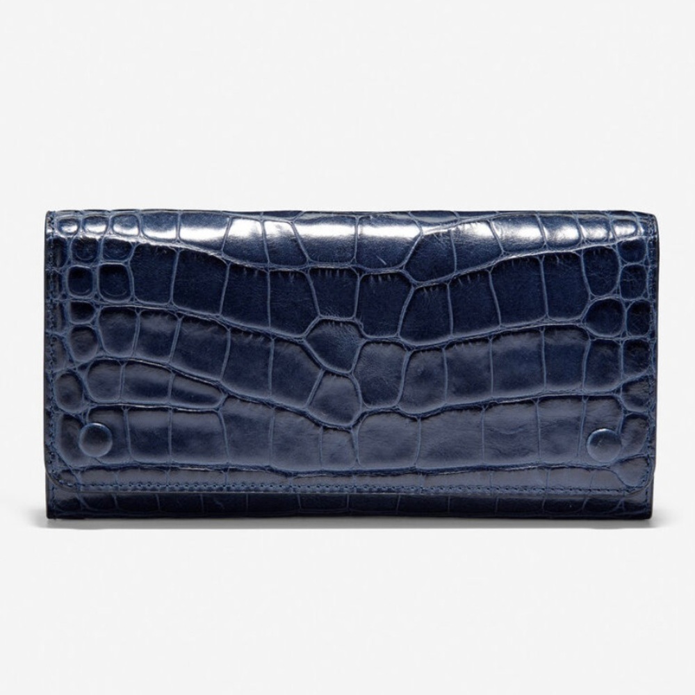 Cole Haan GRANDSERIES Flap Continental Wallet in Marine Blue Embossed Crocodile